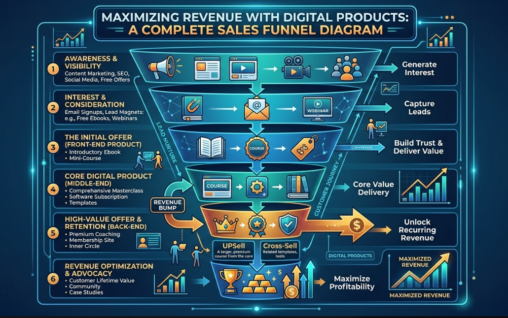 Sales funnel diagram for maximizing revenue with digital products